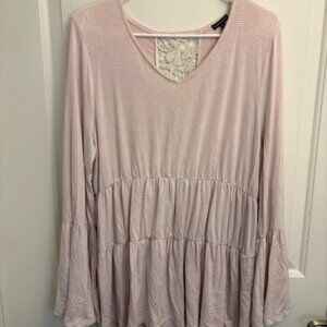 Pink & White Striped Peplum Tunic Top with Lace Detail